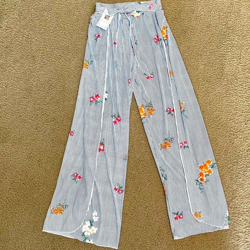 Split Leg Stripe & Floral Print Pants